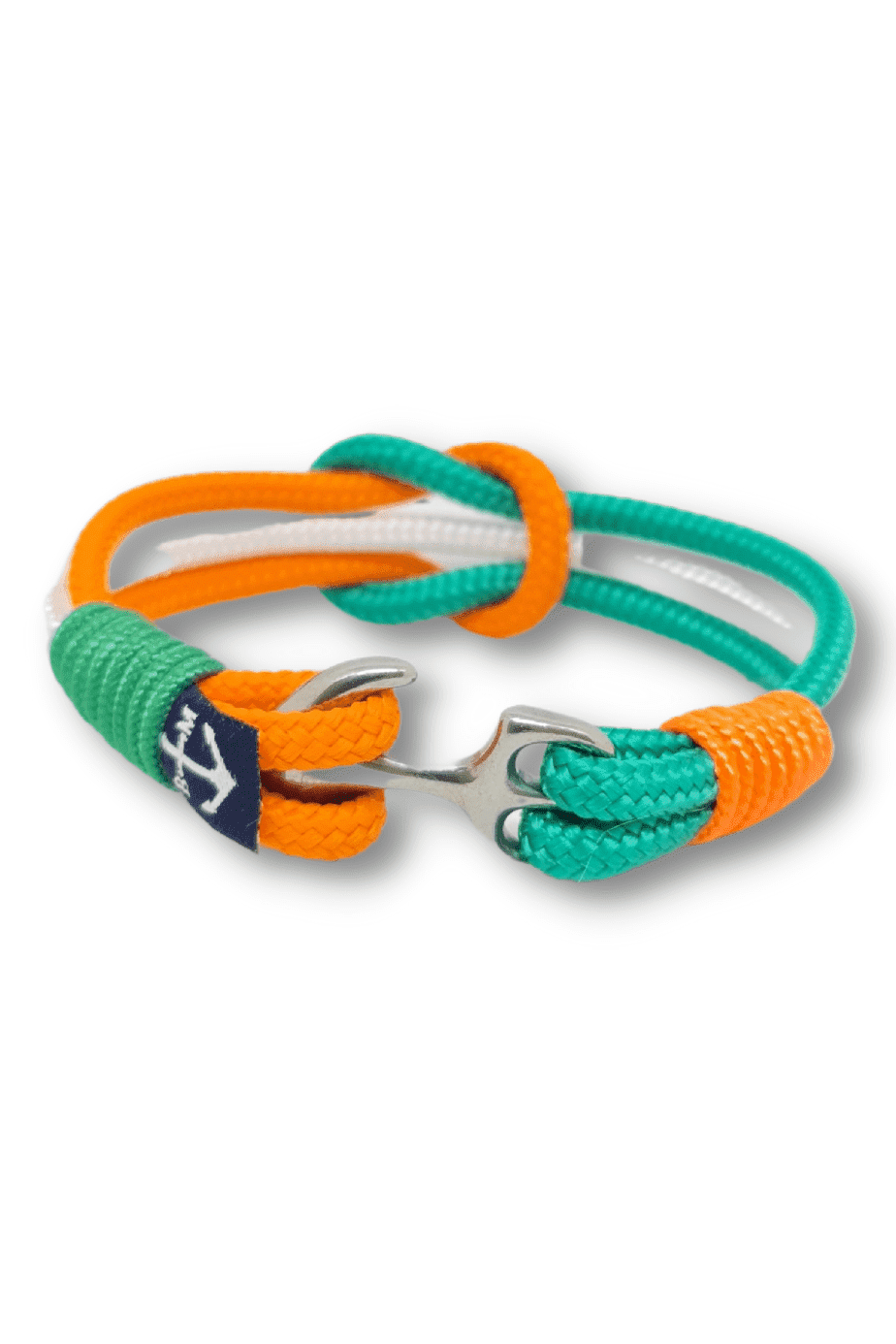 Iolar na Mara Bracelet featuring green, white, and orange nautical ropes with a stainless steel anchor, handmade in Dublin, Ireland.