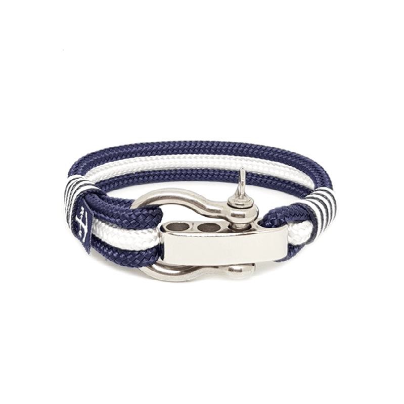 Israel Nautical Bracelet featuring blue and white nautical ropes with a stainless steel shackle, elegantly displayed on a wooden surface.