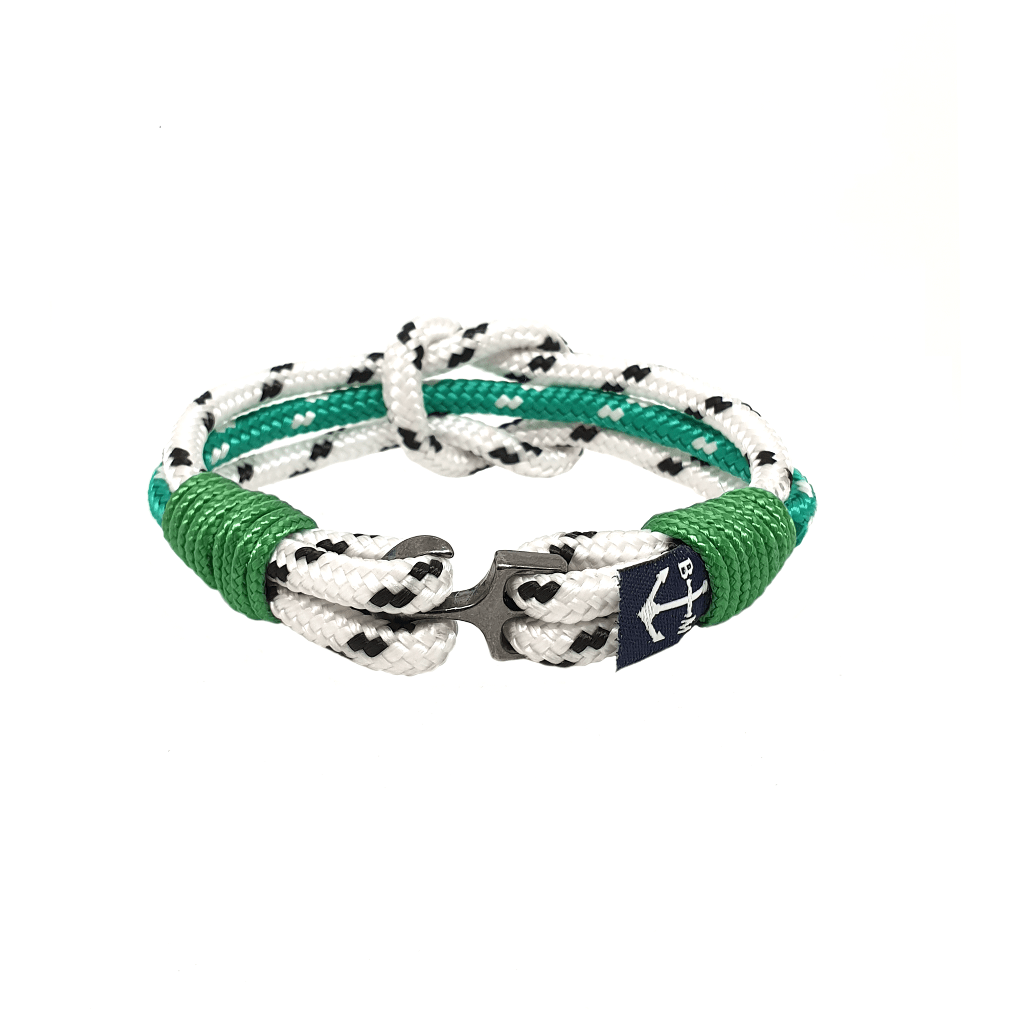 Jace Nautical Bracelet featuring green and white nautical ropes with a stainless steel hook, elegantly displayed on a wrist.