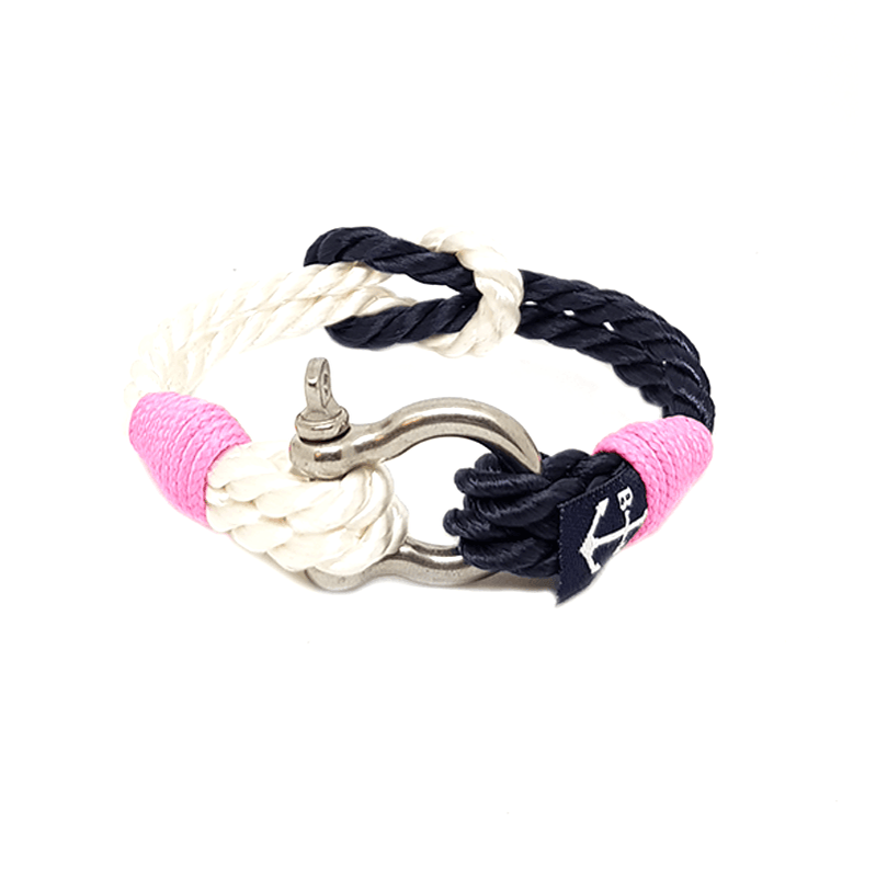 Jobs Nautical Bracelet featuring pink and white nautical ropes with a stainless steel shackle, elegantly displayed on a wrist.