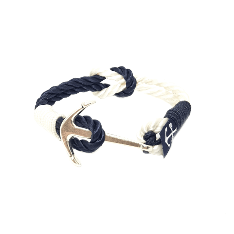 Killary Fjord Nautical Bracelet featuring dark blue and white sailing ropes with a stainless steel anchor, elegantly displayed on a wrist.