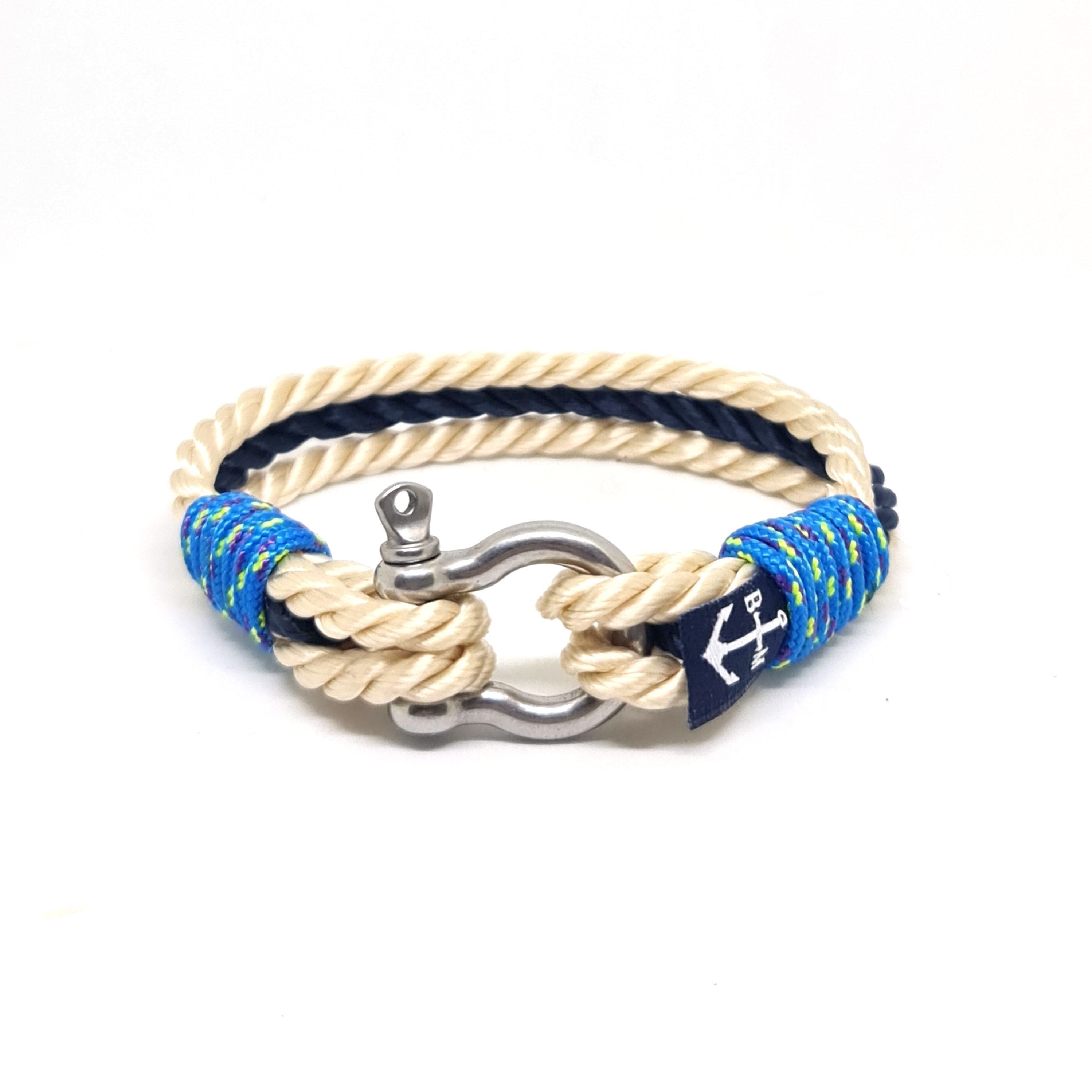 Kismet Nautical Bracelet featuring brown and blue sailing ropes with a stainless steel shackle, handmade in Dublin, Ireland.