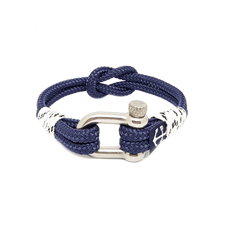 Knot Nautical Bracelet made from durable sailing ropes with a stainless steel shackle, featuring a blue and white design.