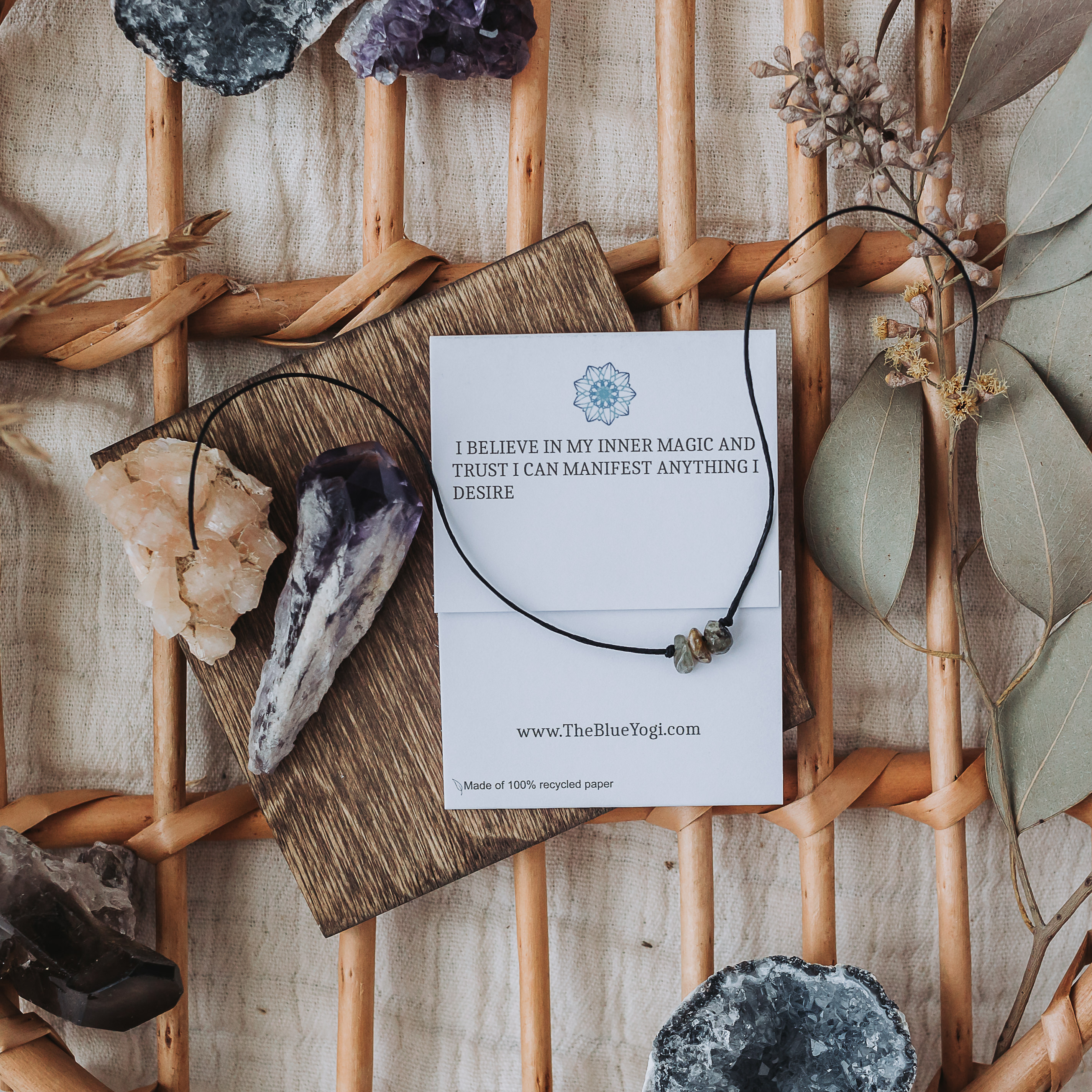 Labradorite Healing Band featuring natural gemstones and a tie closure, adorned with watercolor Mandala art.