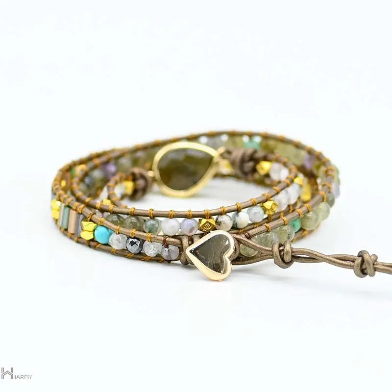 A beautiful Labradorite & Rhinestone Wrap Bracelet featuring genuine labradorite stones and sparkling rhinestones in a teardrop pattern.