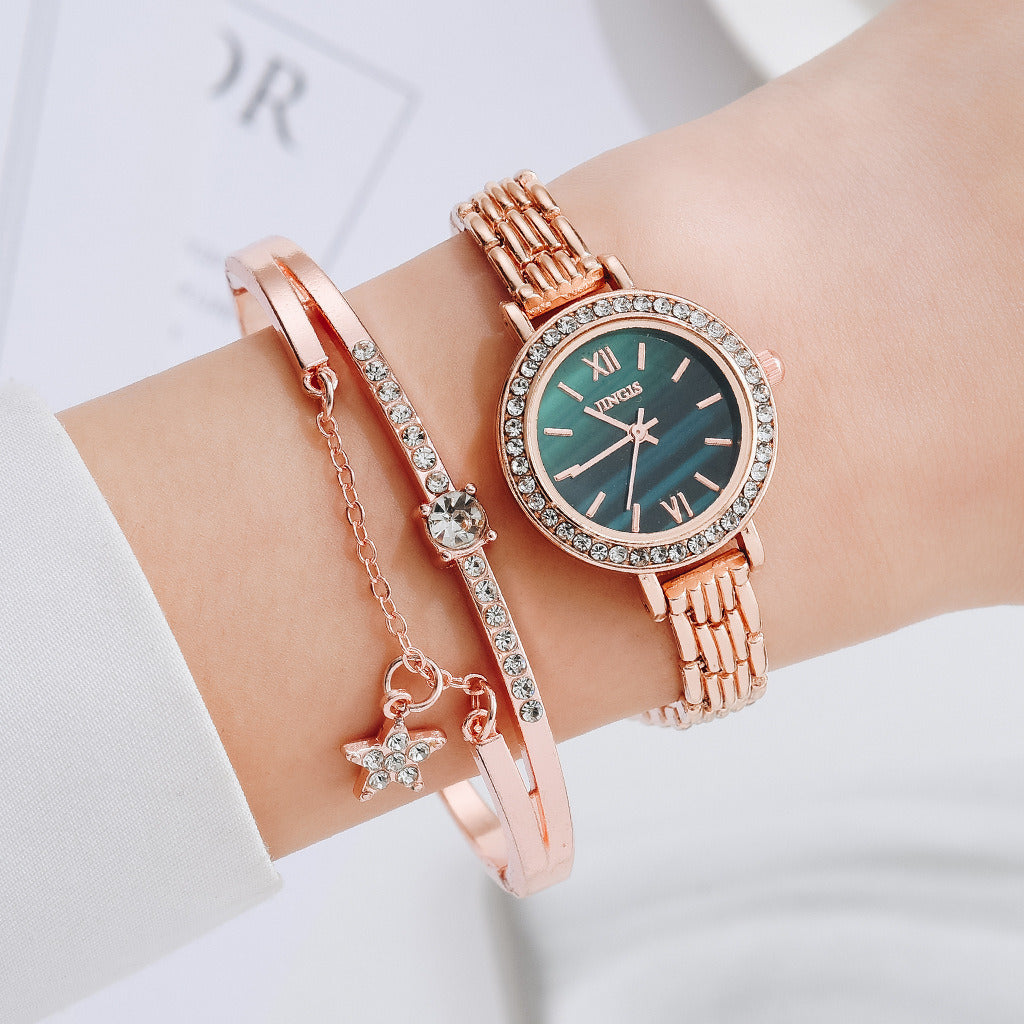 Ladies Quartz Watch with Star Bracelet Fashion Combination Set, featuring an elegant design and lightweight alloy materials.