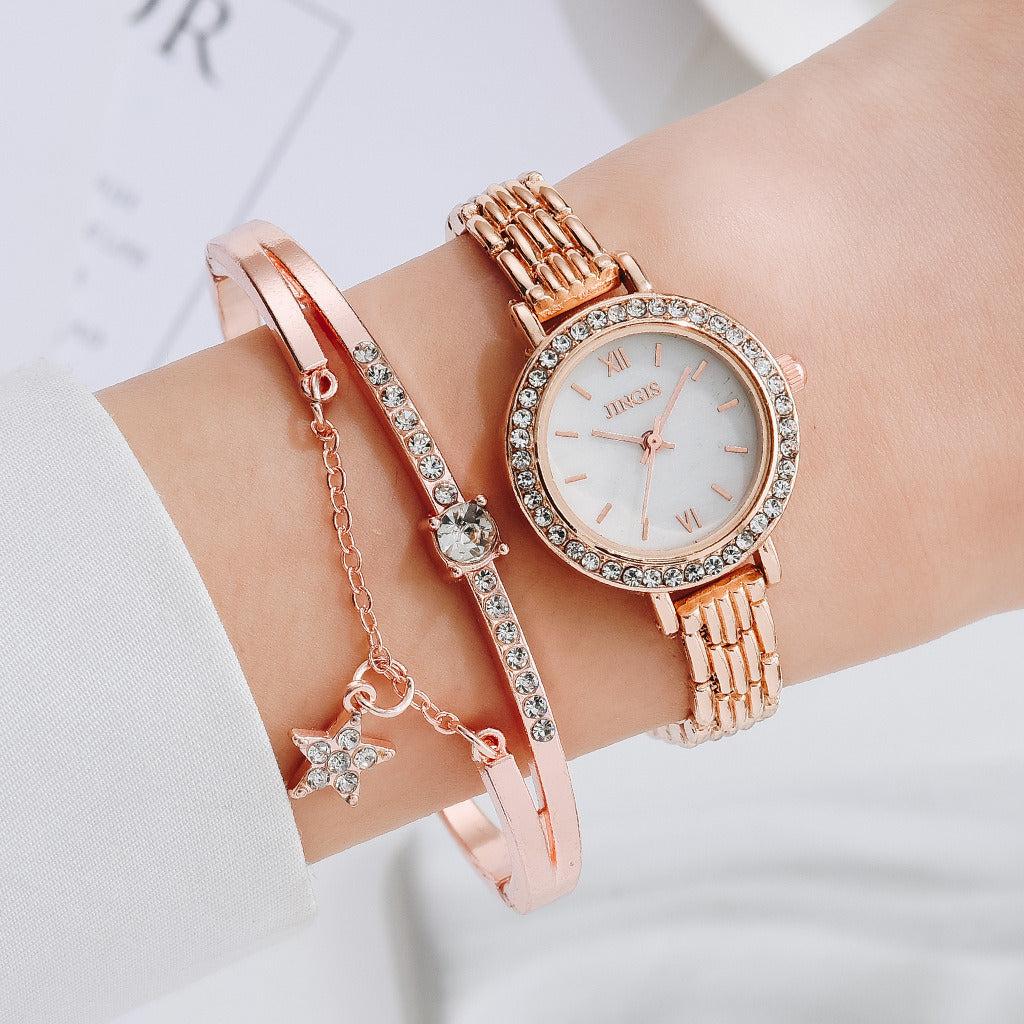 Ladies Quartz Watch with Star Bracelet Fashion Combination Set, featuring an elegant design and lightweight alloy materials.