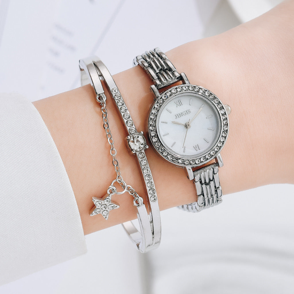 Ladies Quartz Watch with Star Bracelet Fashion Combination Set, featuring an elegant design and lightweight alloy materials.