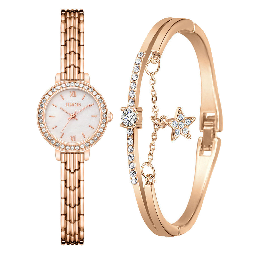 Ladies Quartz Watch with Star Bracelet Fashion Combination Set, featuring an elegant design and lightweight alloy materials.