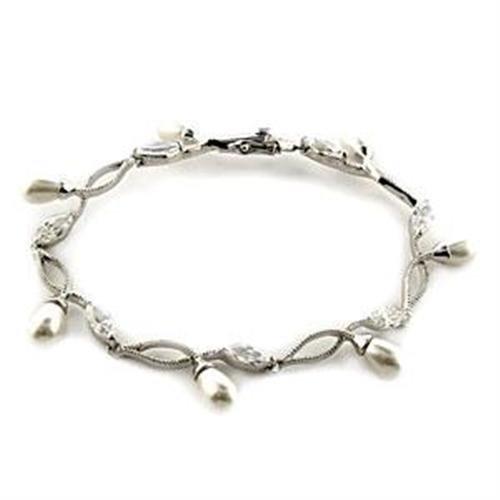 LOA542 Rhodium 925 Sterling Silver Bracelet featuring a white synthetic pearl centerpiece, showcasing its elegant design and shiny finish.