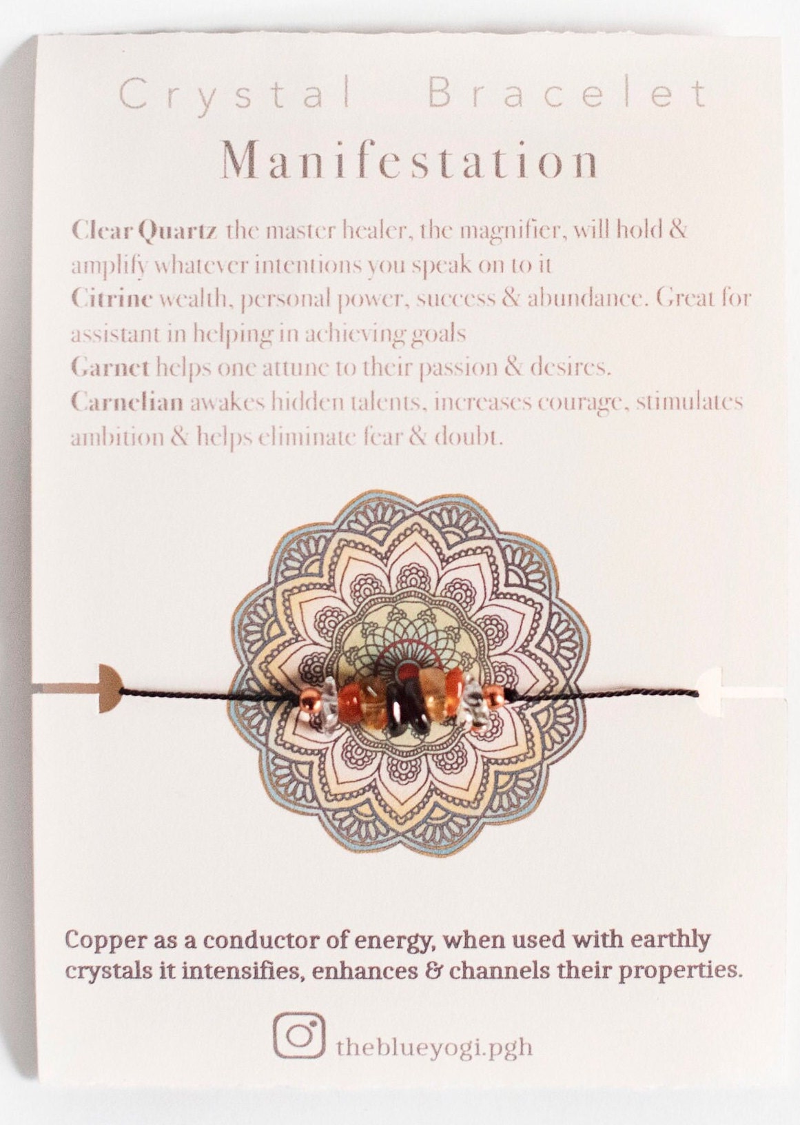 A beautiful boho-style manifestation crystal bracelet featuring natural gemstones with a tie closure, displayed with a watercolor Mandala art card.