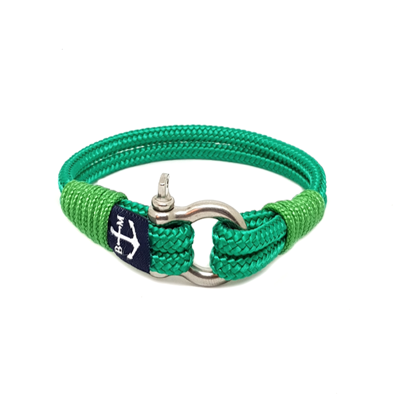 Marco Polo Nautical Bracelet made from high-quality sailing ropes with a stainless steel shackle, showcasing a vibrant green color.