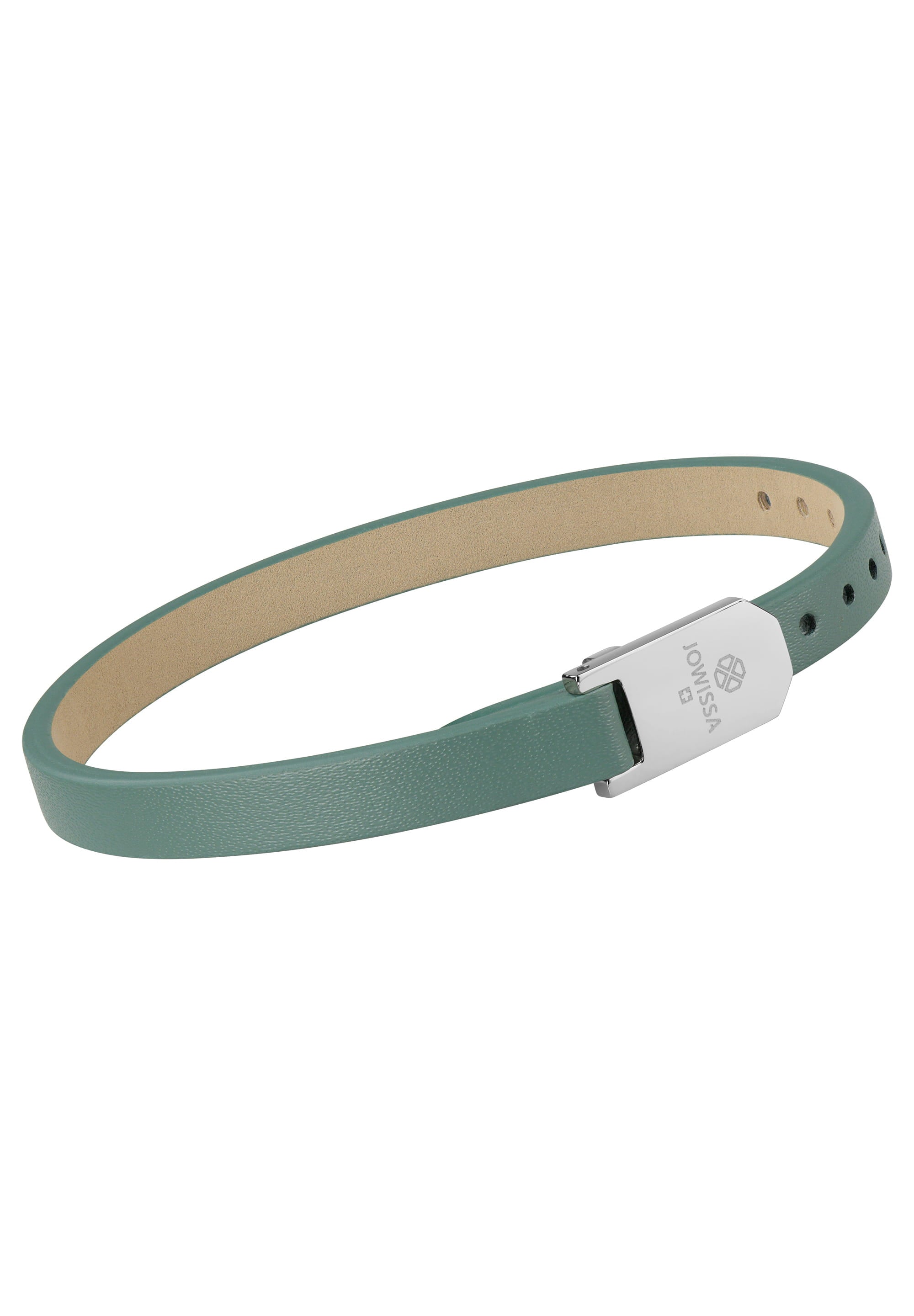 Matt Plain Leather Strap JS.0135 featuring a stainless steel buckle and a stylish green and steel color combination, designed for women.