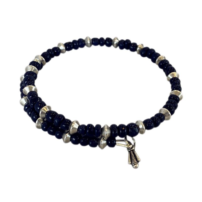 Mia Wrap Bracelet in silver featuring navy beads, elegantly designed for versatile wear.