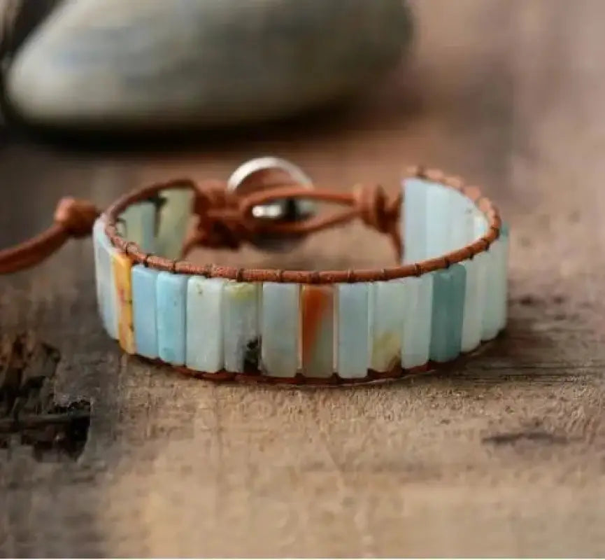 Natural Stone Pure Bracelet made of unique green Amazonite gemstones, showcasing its vibrant colors and patterns.