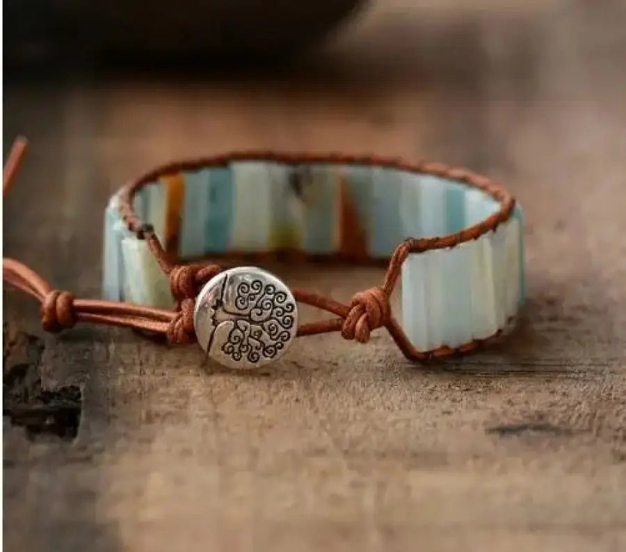 Natural Stone Pure Bracelet made of unique green Amazonite gemstones, showcasing its vibrant colors and patterns.