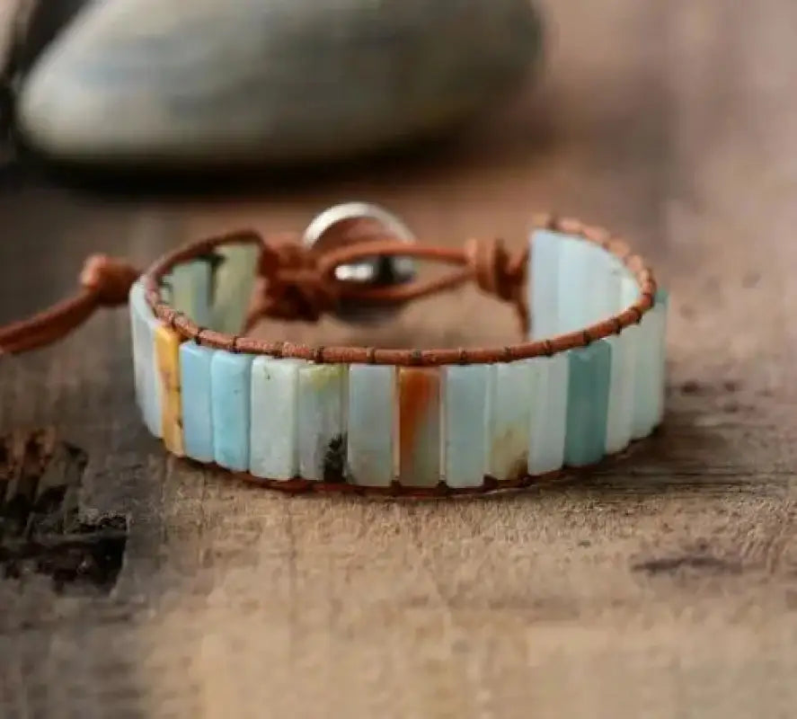 Natural Stone Pure Bracelet made of unique green Amazonite gemstones, showcasing its vibrant colors and patterns.