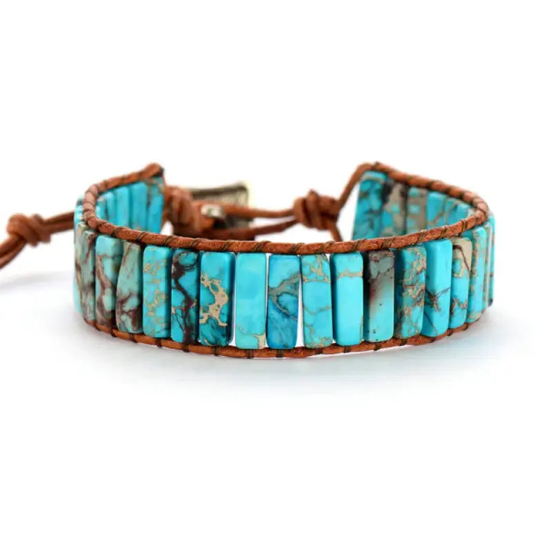 Ocean Blue Bracelet handmade with jasper and agate stones in turquoise shades, featuring an adjustable size and easy hook closure.