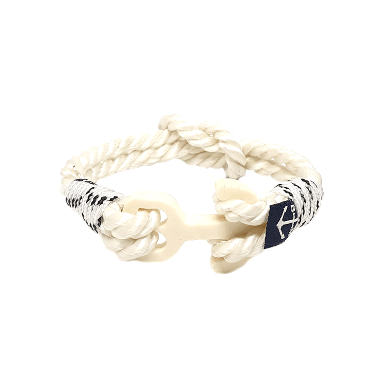 Orion Nautical Bracelet featuring white sailing ropes and a wooden anchor, elegantly designed for both men and women.