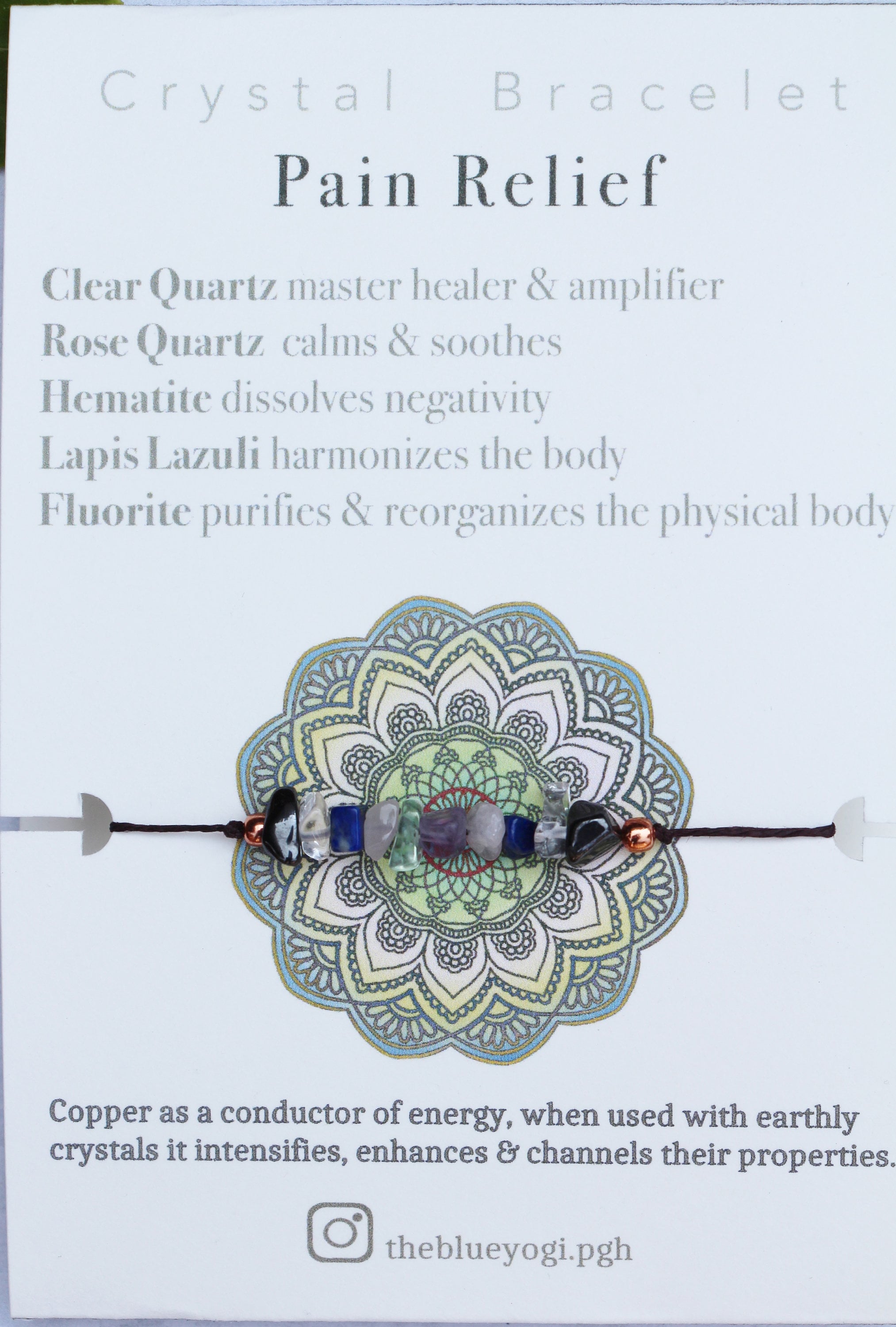 Eco-friendly Pain Relief crystal bracelet anklet made of natural gemstones with a tie closure, showcasing unique crystals and a watercolor Mandala card.