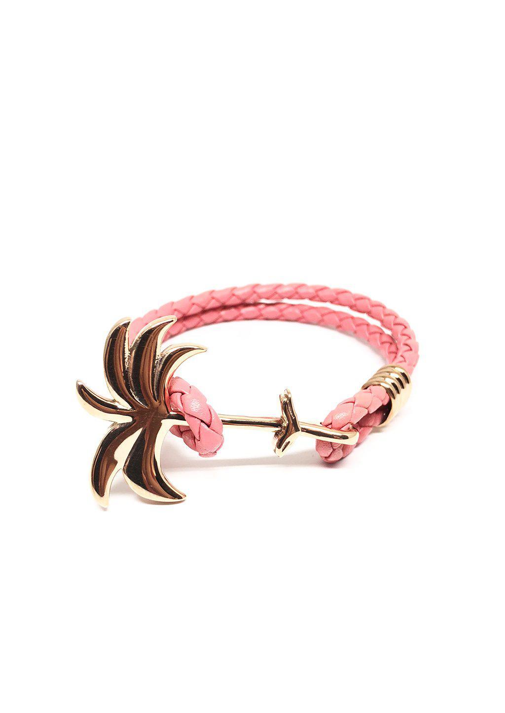 Flamingo Rose Palm Band bracelet featuring a rose gold palm tree charm on genuine pink braided leather.