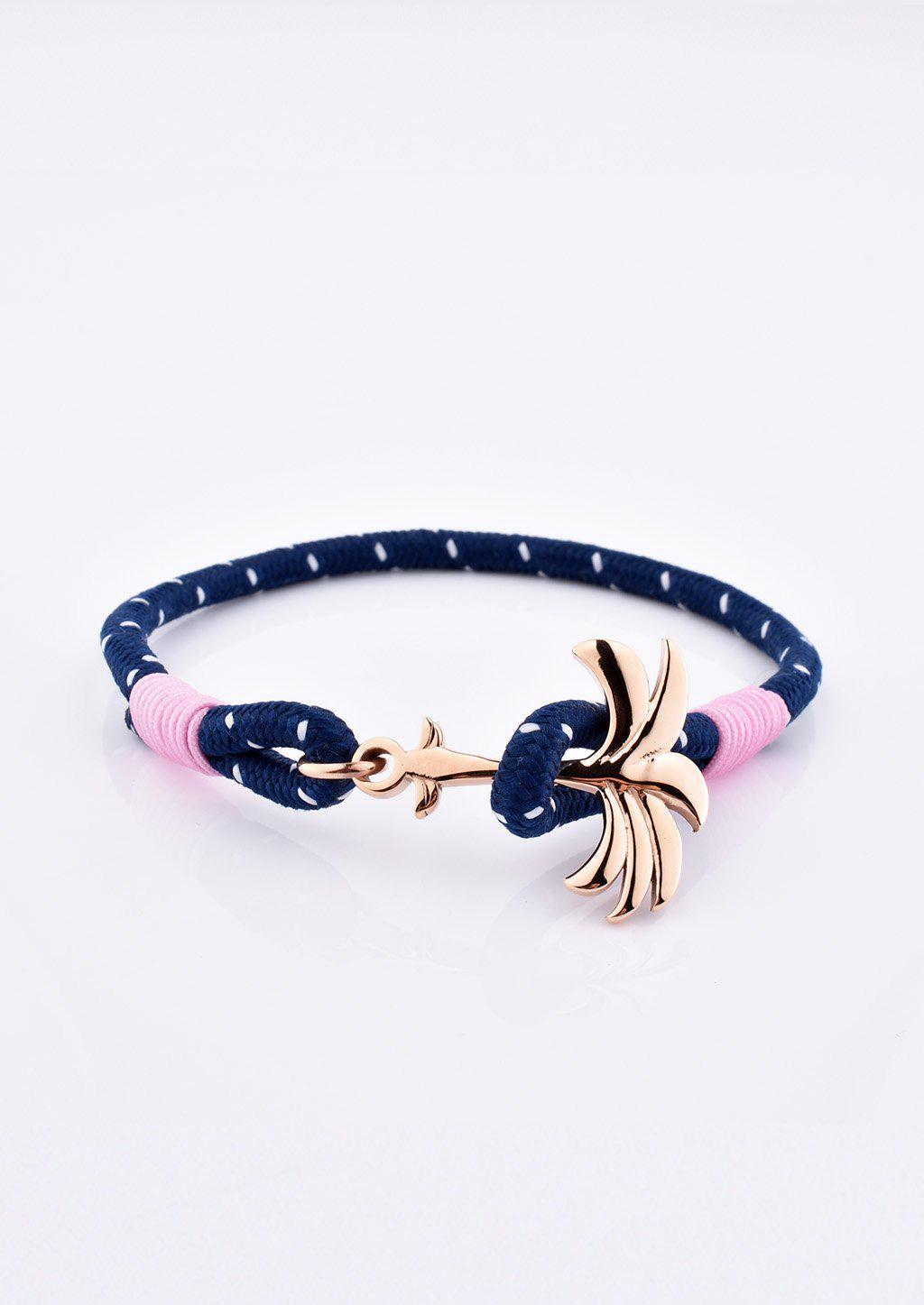 Daybreak Palm Band bracelet featuring a blue and pink nylon design with a unique rose palm tree anchor.