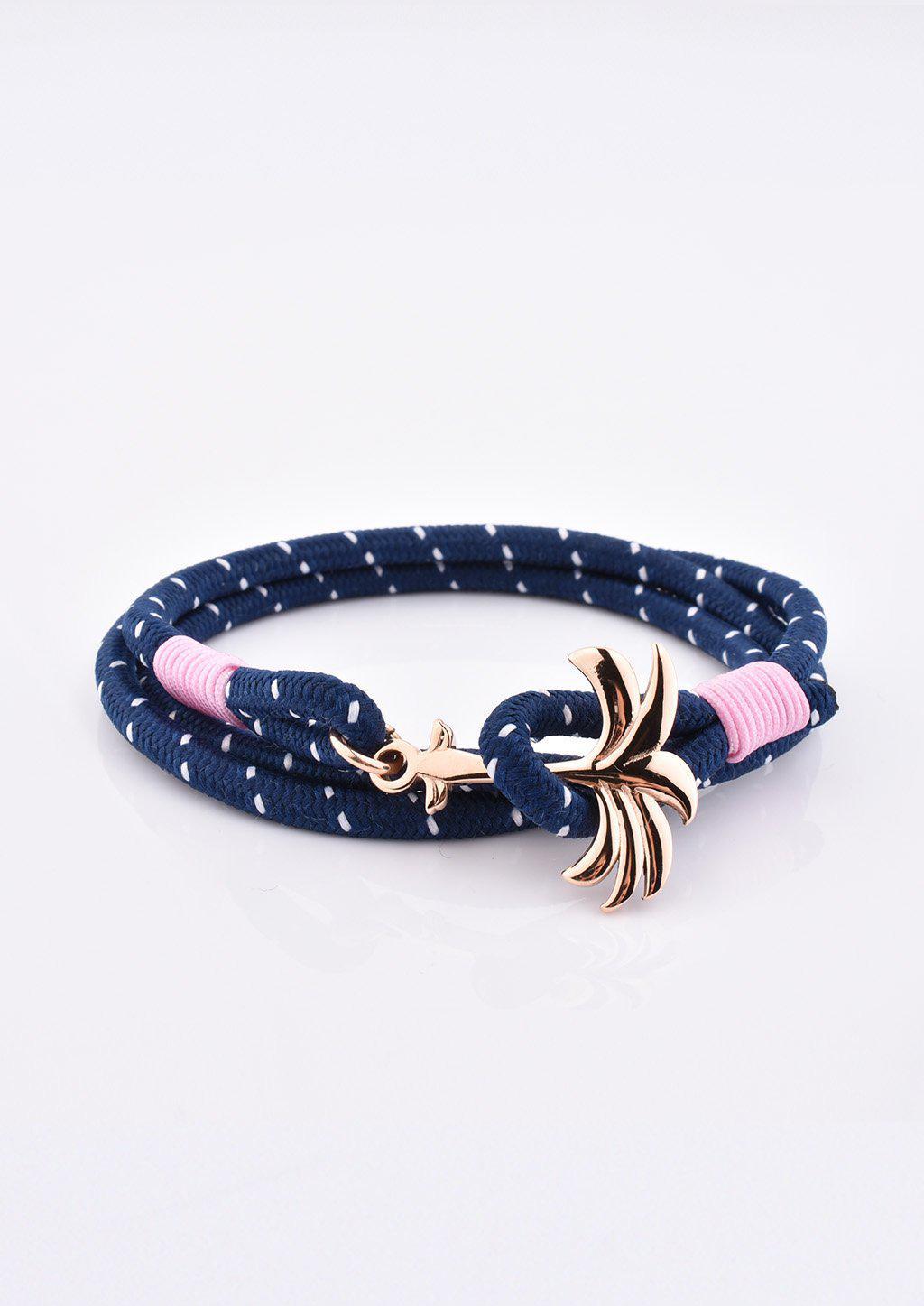 Palmband Daybreak Triple bracelet featuring a blue and pink nylon band with a unique rose palm tree anchor link.