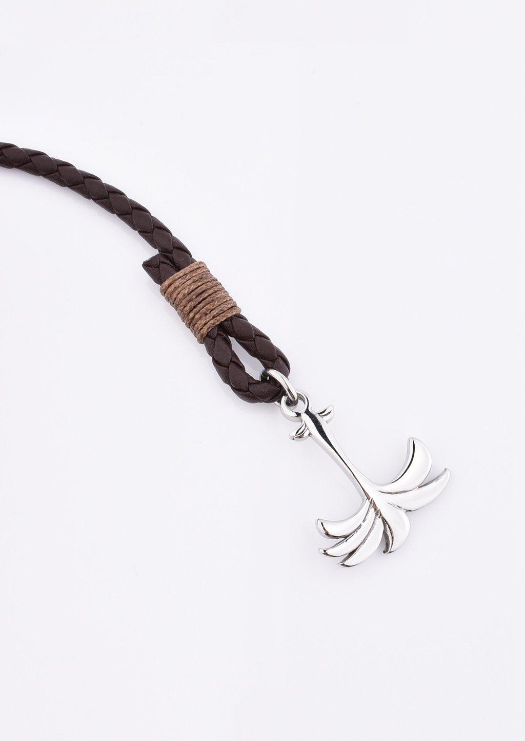 Oakland Palm Band featuring a brown leather strap and silver palm tree anchor, symbolizing happiness and tranquility.