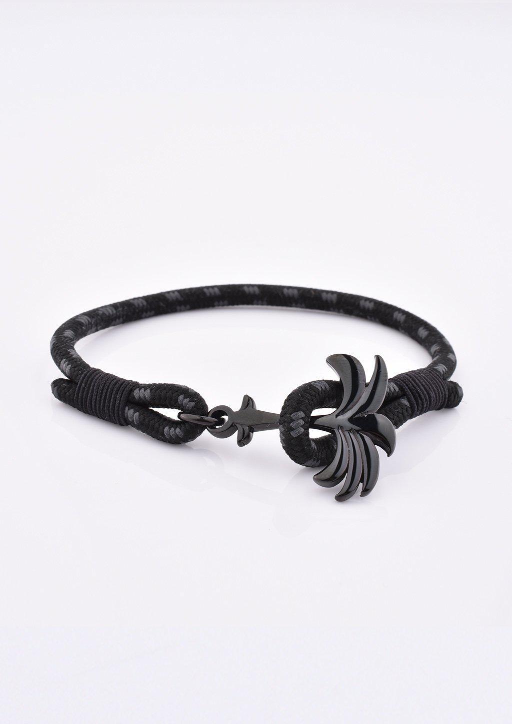 Palmband - Phantom Black bracelet featuring a black palm tree anchor on a black and gray nylon band, symbolizing happiness and tranquility.