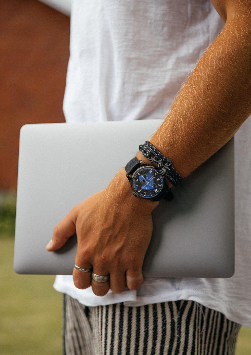 Palmband - Phantom Black - Triple bracelet featuring a black palm tree anchor and a durable black and gray nylon band.