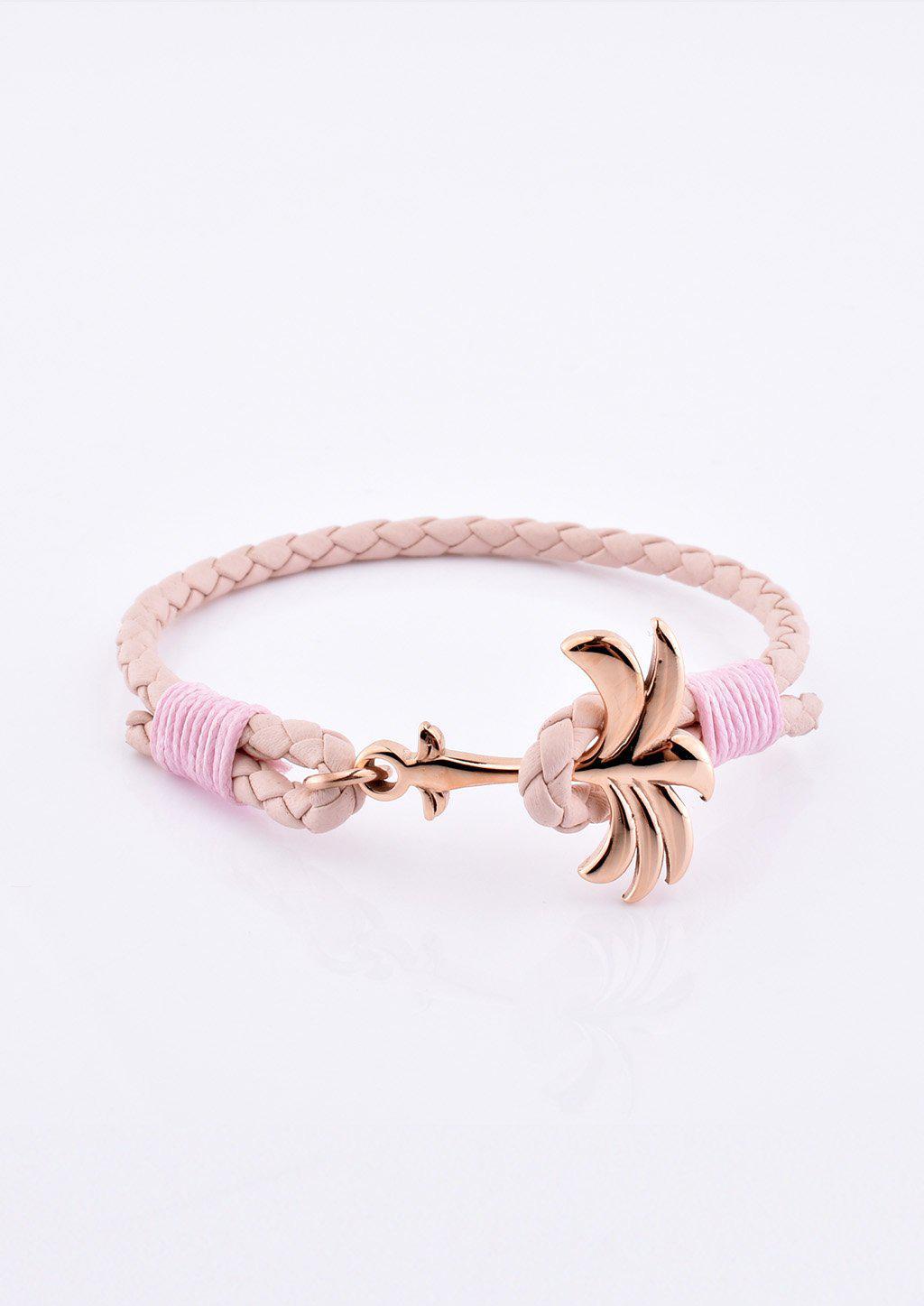 Rosette Palm Band featuring a pink leather strap and rose gold palm anchor, symbolizing happiness and tranquility.