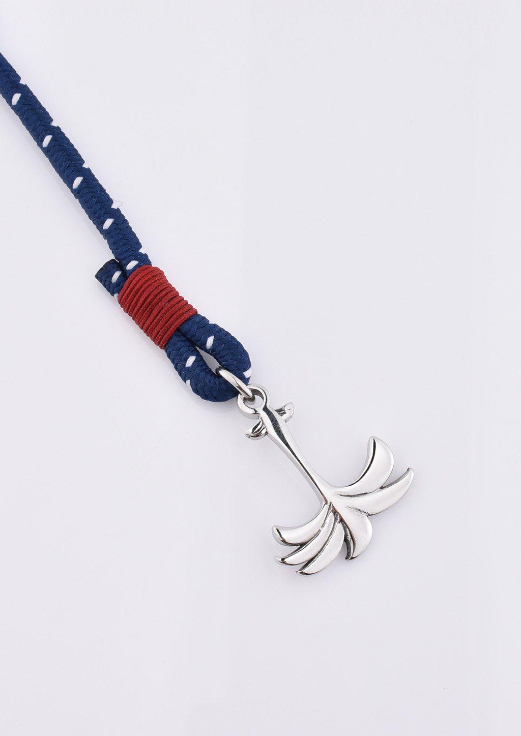 Voyager Palm Band featuring a silver palm tree anchor on a blue and red nylon rope, symbolizing adventure and happiness.