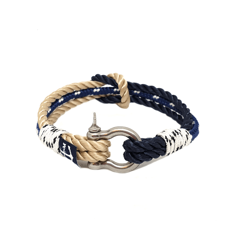 Poseidon Bracelet featuring beige and blue nautical ropes with a stainless steel shackle, handmade in Dublin, Ireland.