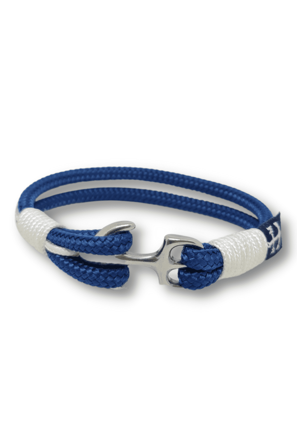 Priapus Bracelet featuring blue and white nautical ropes with a wooden anchor, showcasing elegant craftsmanship.