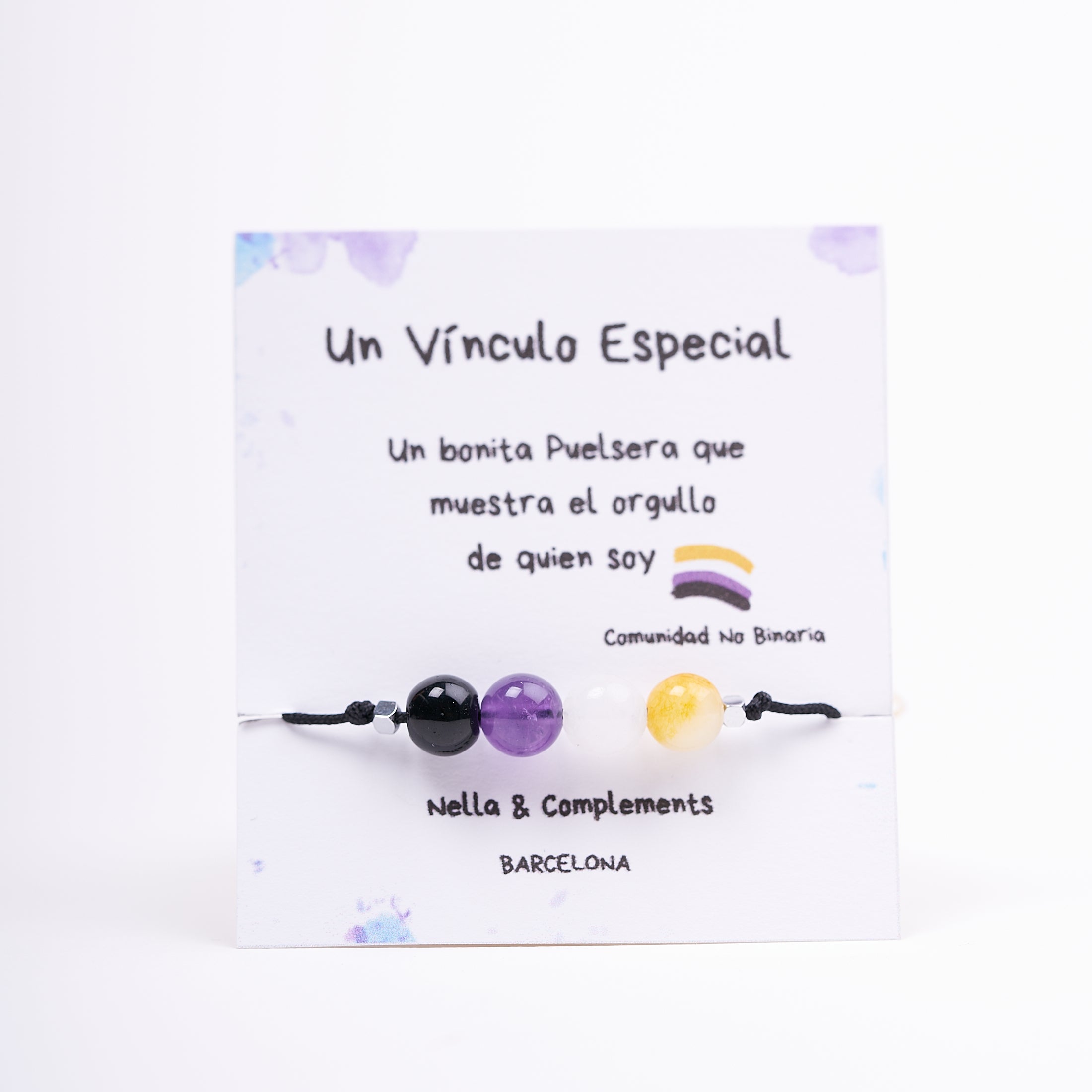 Pulsera de Orgullo No Binaria hecha a mano con ágatas naturales en colores vibrantes, ajustable y elegante.