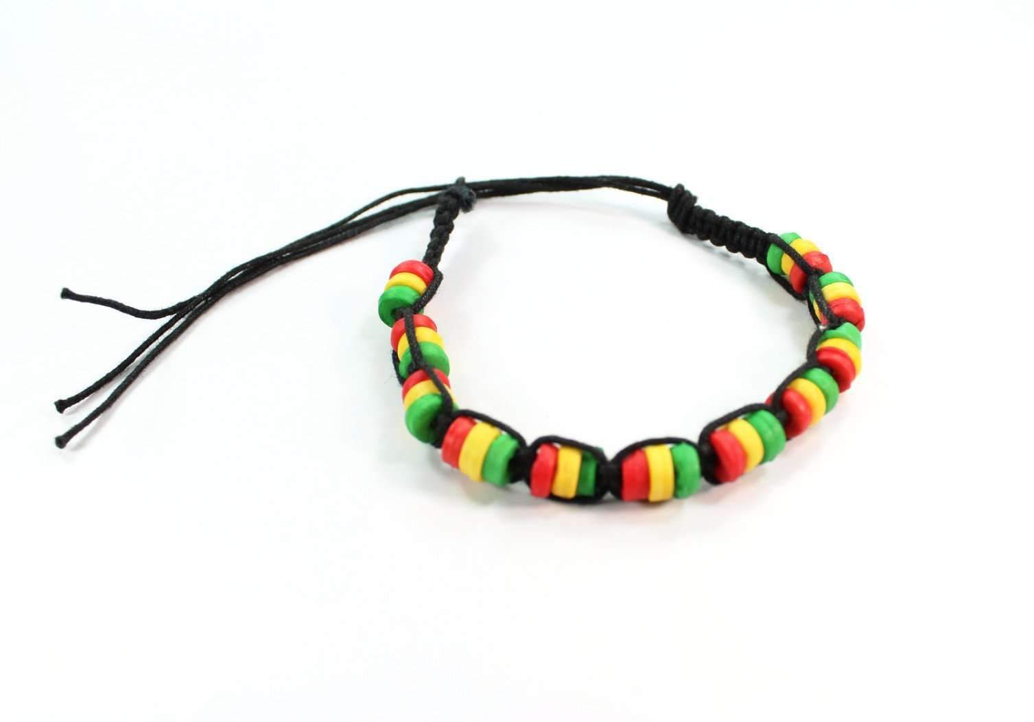 Colorful handmade Rasta friendship bracelet featuring red, yellow, and green beads on an adjustable cotton cord.