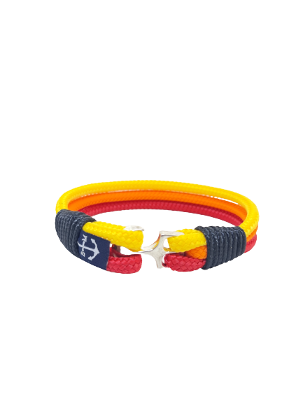 A vibrant Red, Orange, and Yellow Nautical Bracelet made from high-quality sailing ropes with a stainless steel anchor.