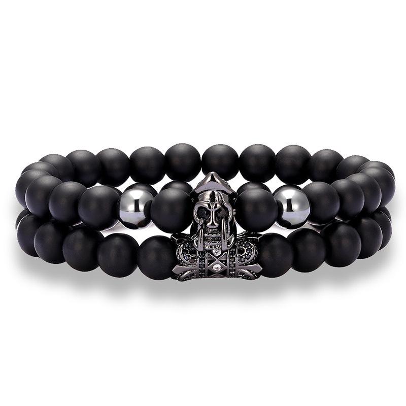 Roman Warrior Jewelry Scrub Stone Zircon Bracelet featuring 8mm glazed beads and a crown design, perfect for unisex wear.