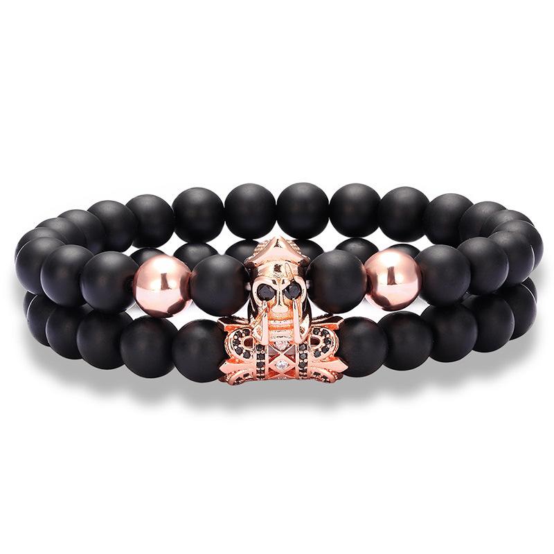 Roman Warrior Jewelry Scrub Stone Zircon Bracelet featuring 8mm glazed beads and a crown design, perfect for unisex wear.