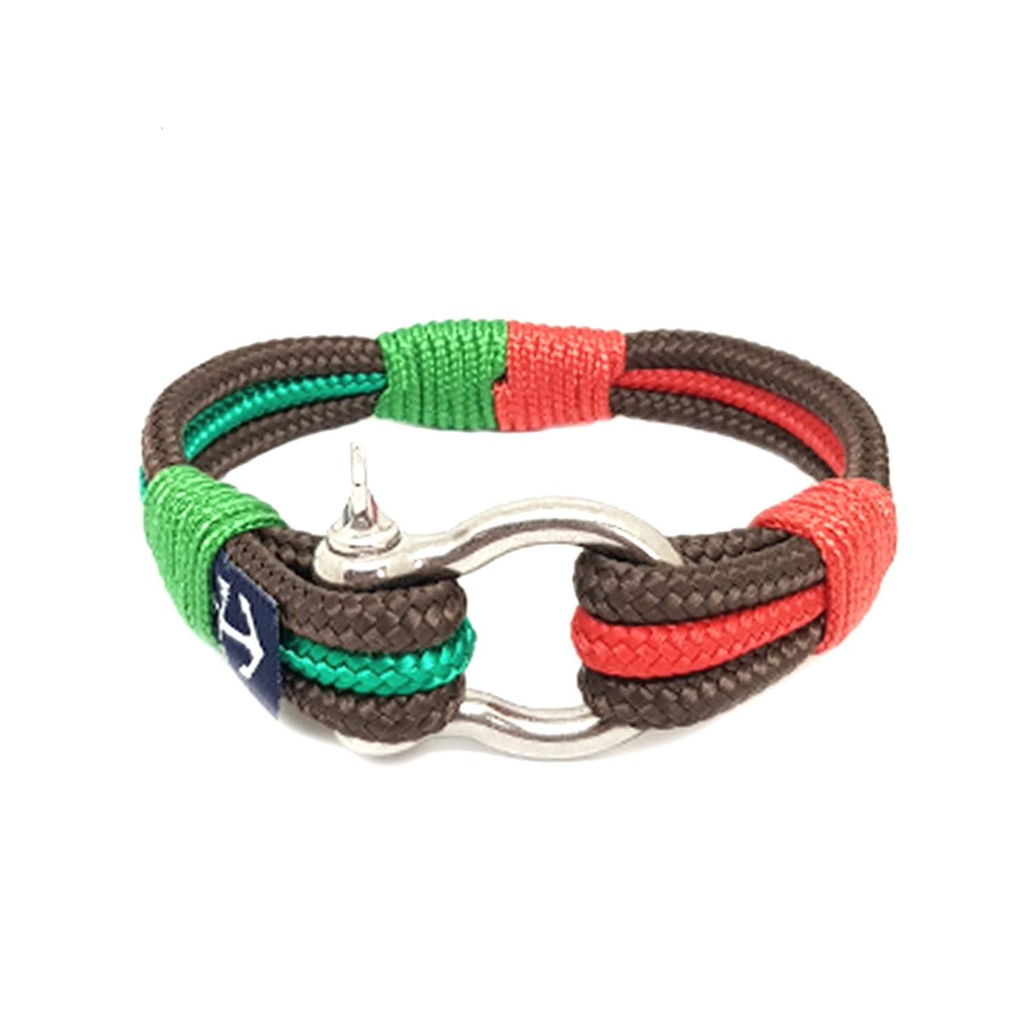 Royal Fortune Nautical Bracelet made from high-quality sailing ropes with a stainless steel shackle, showcasing a brown, green, and red color combination.