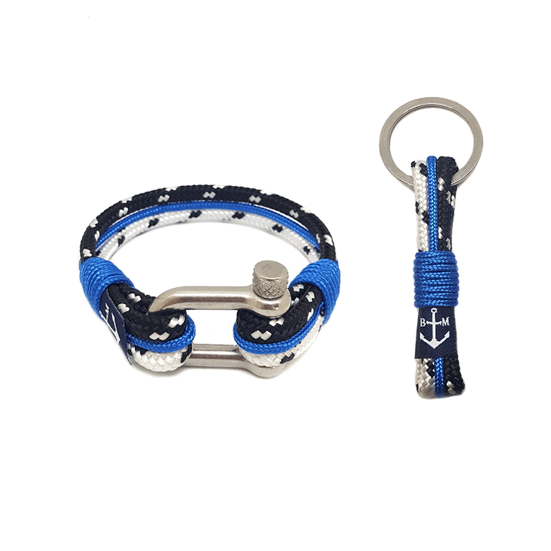 Sailor's Hook Nautical Bracelet and Keychain featuring black, white, and blue nautical ropes with a stainless steel shackle.