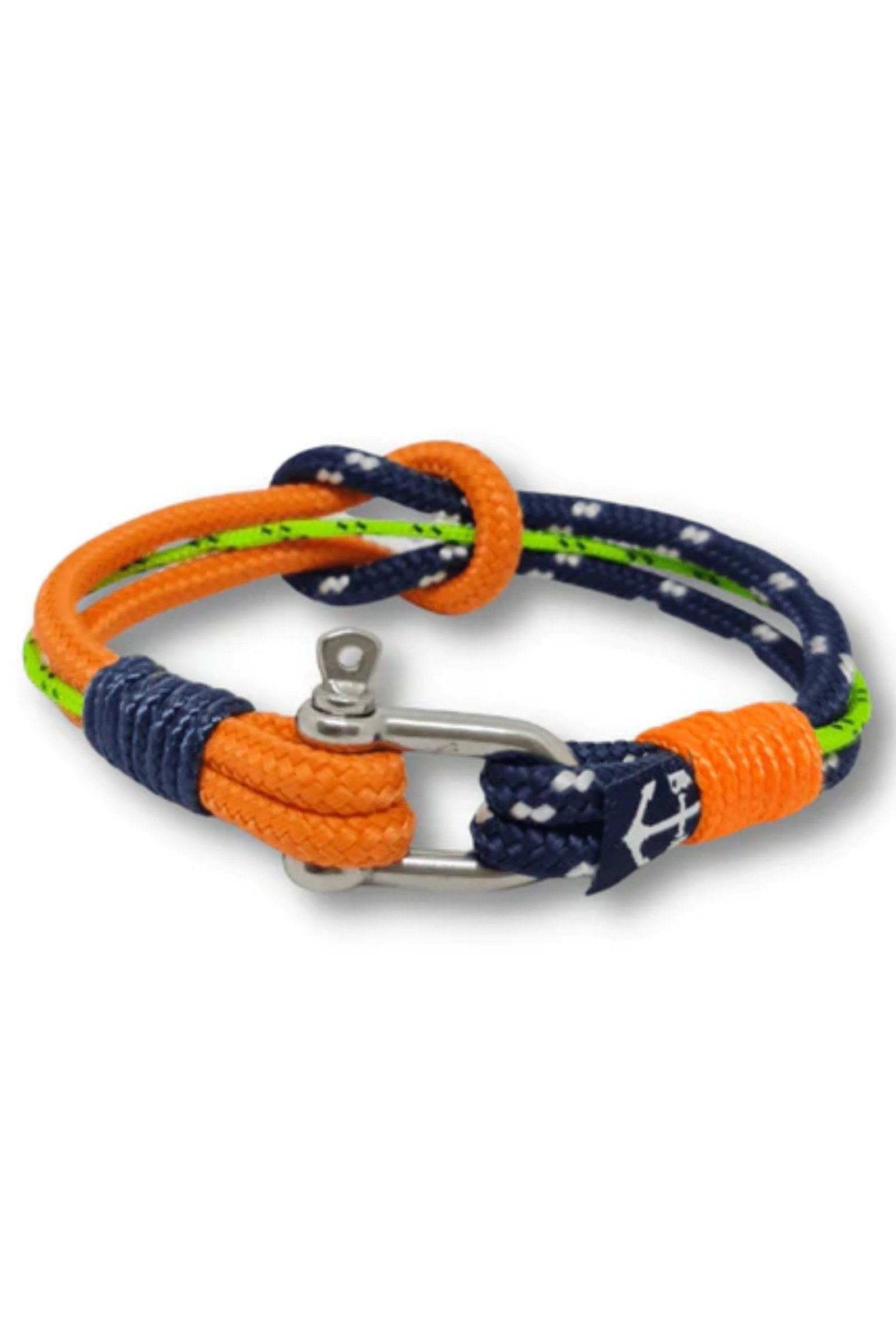 A beautifully crafted Selkie Bracelet made from durable nautical ropes in blue, green, and orange, featuring a stainless steel shackle.