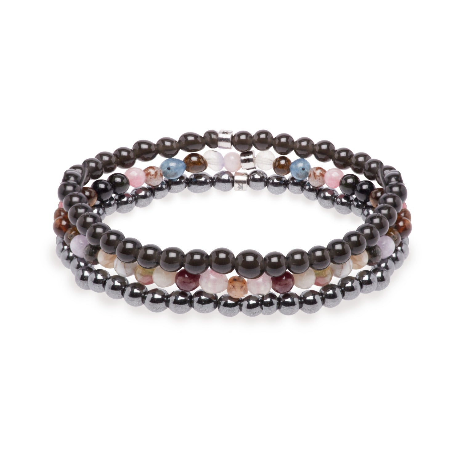 Set de 3 mini bracelets 'Sécurité' avec tourmaline multicolore, hématite et obsidienne noire, sur fond neutre.