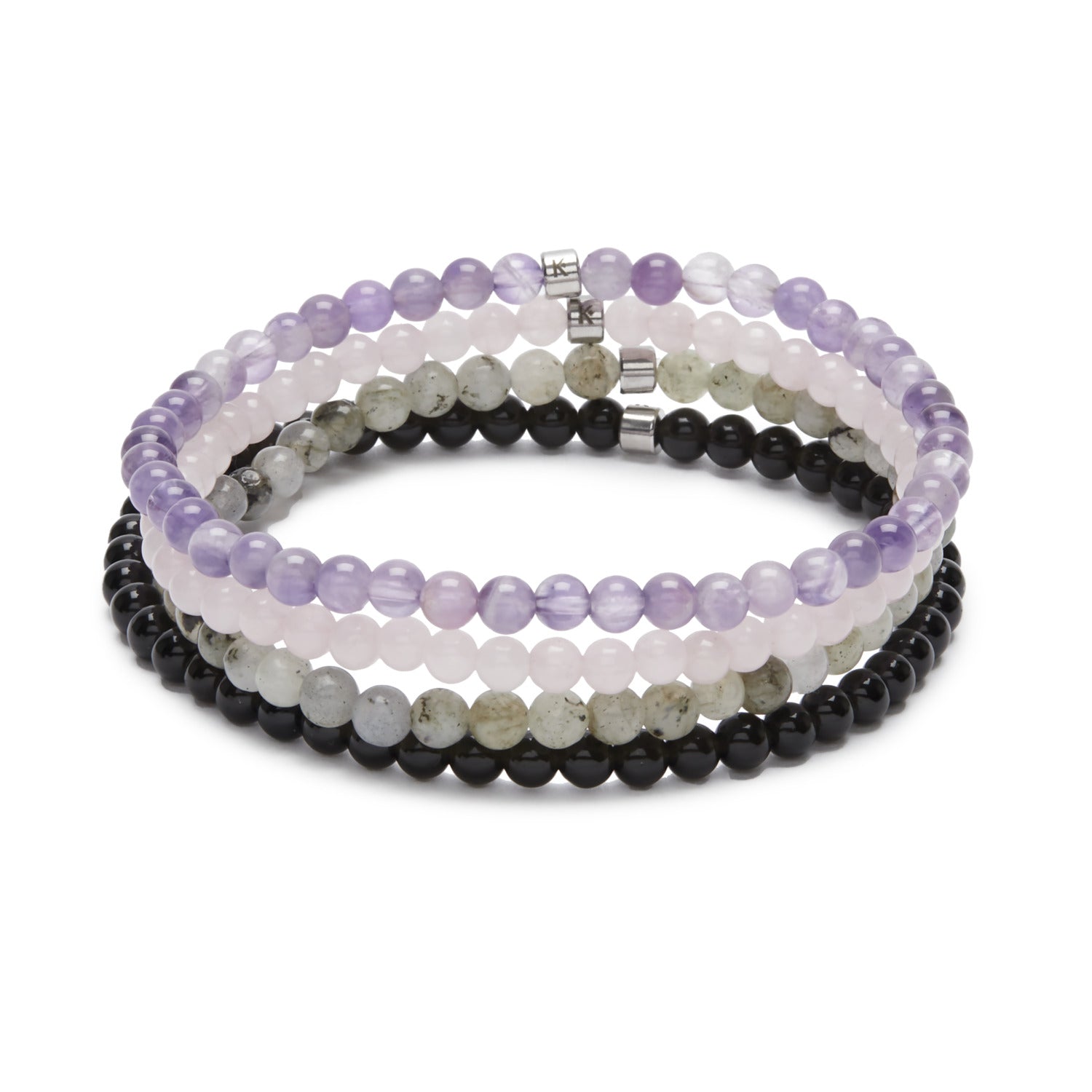 Set de 4 Mini Bracelets "Mes Préférés" avec Labradorite, Quartz Rose, Améthyste et Obsidienne Noire, présentés sur un fond neutre.