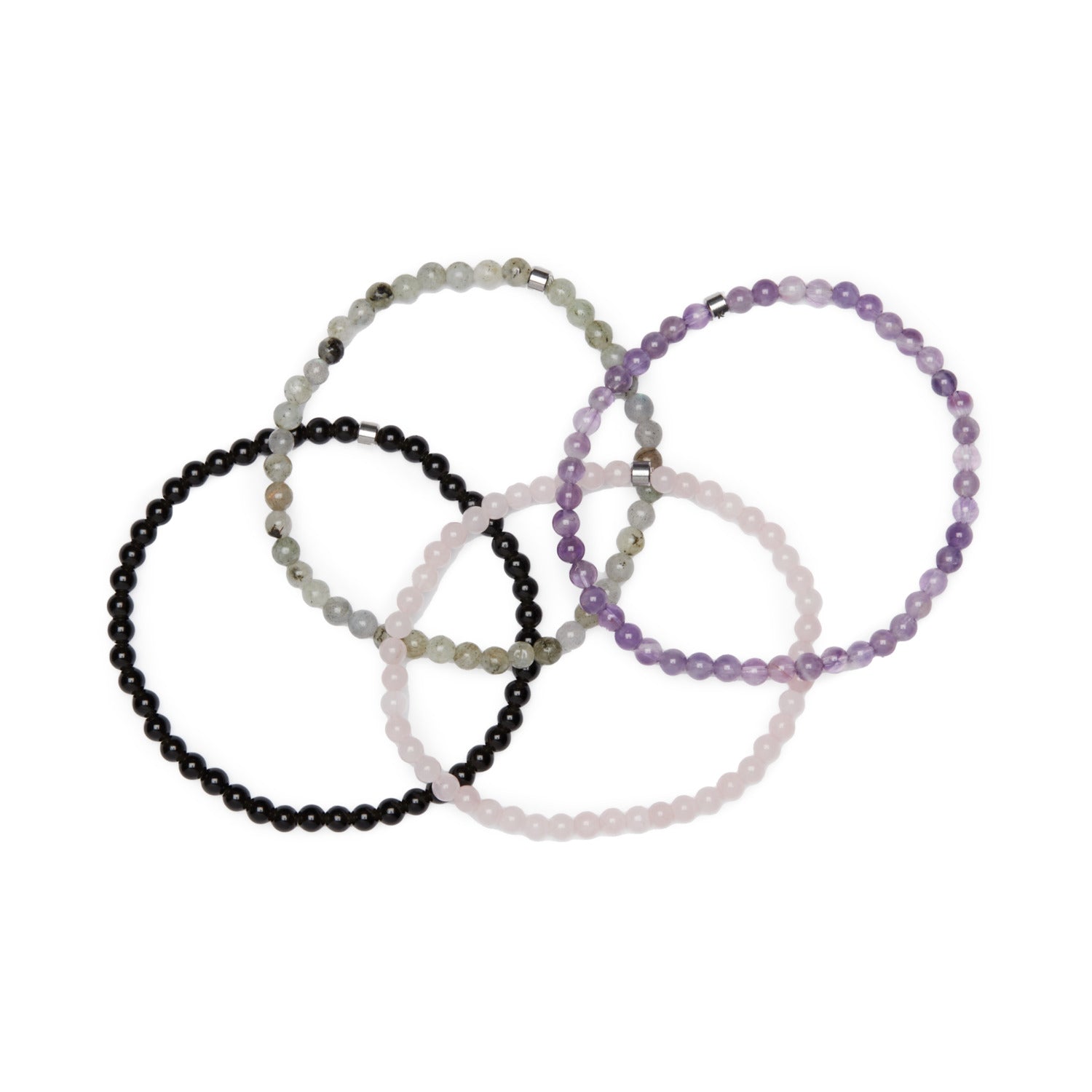 Set de 4 Mini Bracelets "Mes Préférés" avec Labradorite, Quartz Rose, Améthyste et Obsidienne Noire, présentés sur un fond neutre.