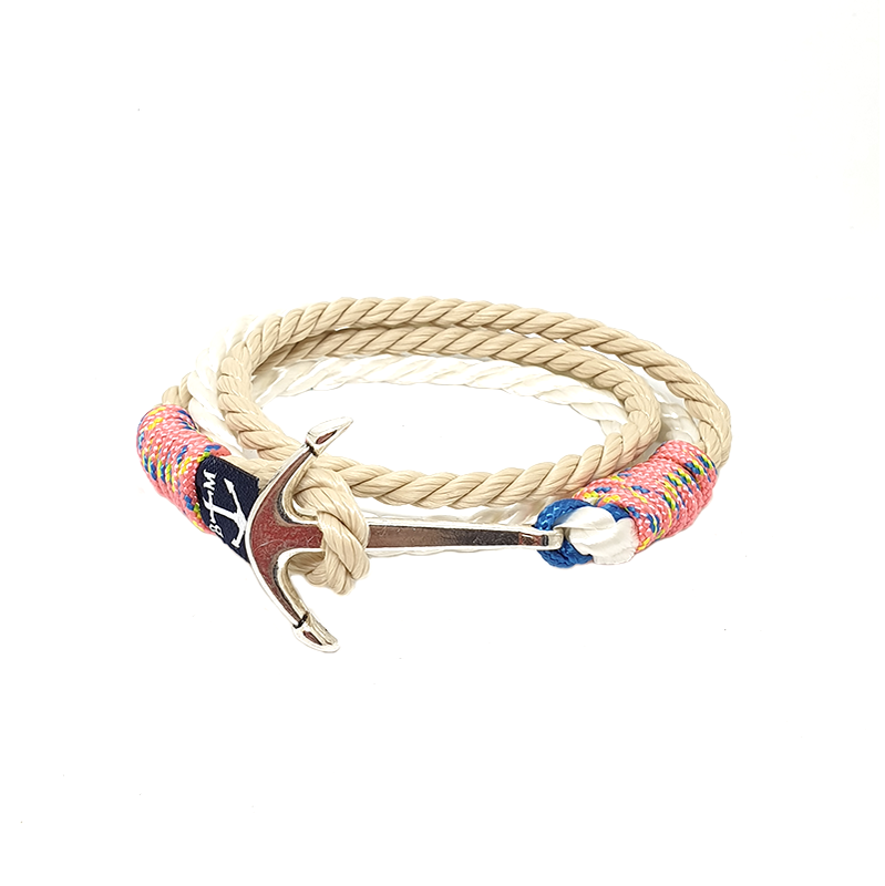 Skellig Michael Nautical Bracelet featuring colorful sailing ropes and a stainless steel anchor, perfect for sailors and travelers.