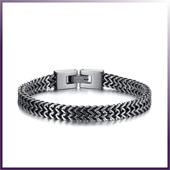 A sleek and stylish stainless steel bracelet designed for comfort and versatility, suitable for both men and women.