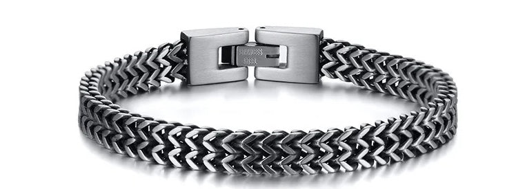 A sleek and stylish stainless steel bracelet designed for comfort and versatility, suitable for both men and women.