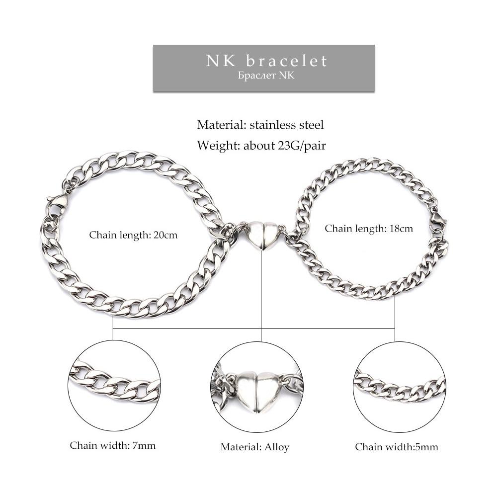 Stainless Steel Couple Bracelets featuring Magnetism Heart Charm and Cuba Chain design, showcasing elegance and connection.