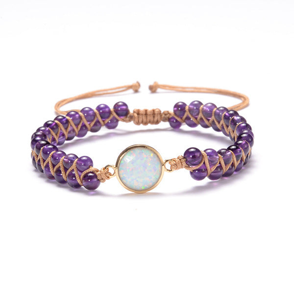 Elegant Stone Wrap Bracelet featuring Amethysts and Opal, showcasing a delicate design perfect for any occasion.